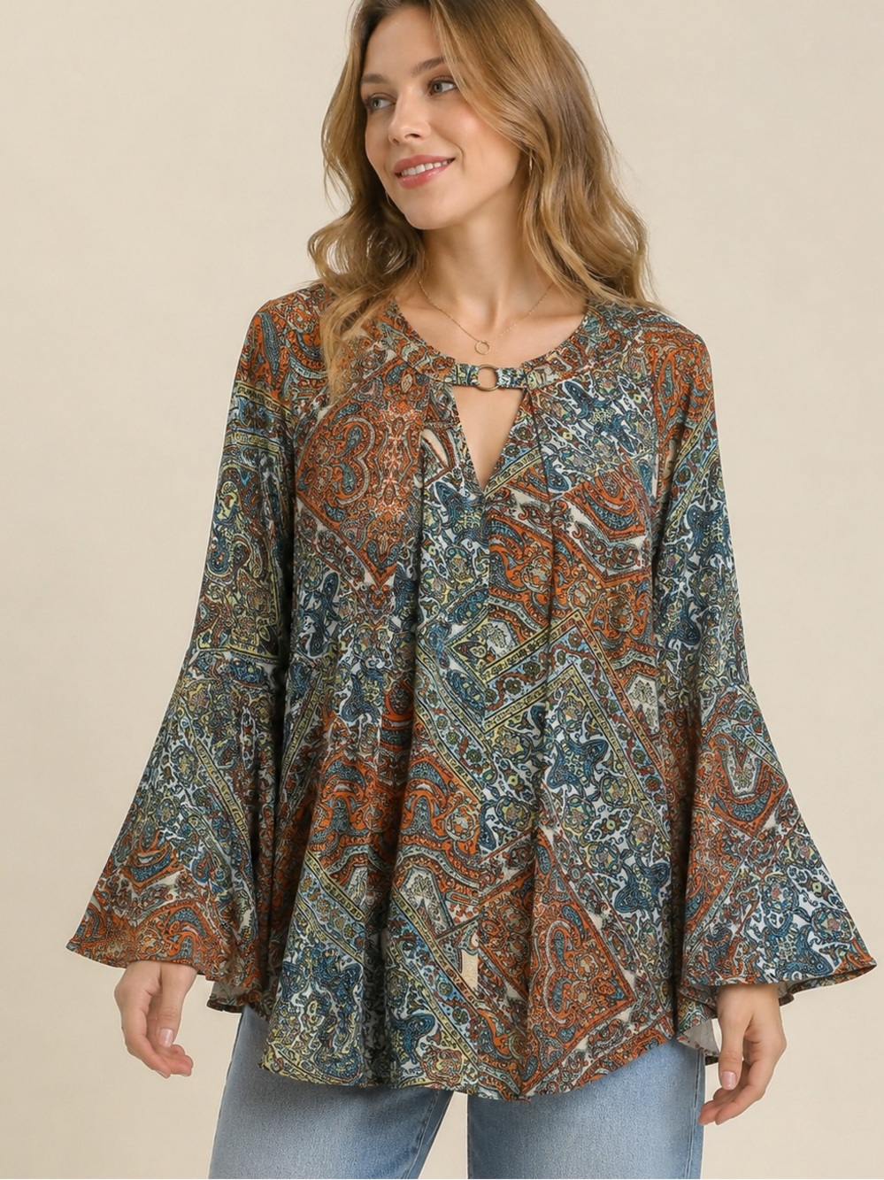 Umgee USA Boho Paisley Tunic Top Bell Sleeve Peasant Bohemian Festival Medium